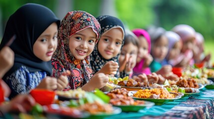 Happy Muslim girls feast outdoors, joyful background