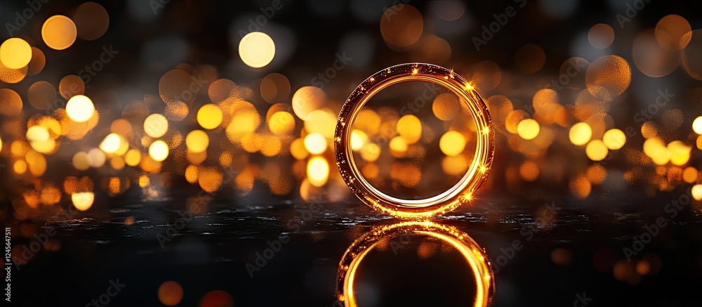 Fototapete Illuminated gold ring reflecting in water with warm bokeh lights in the background creating a mesmerizing and enchanting ambiance in the scene