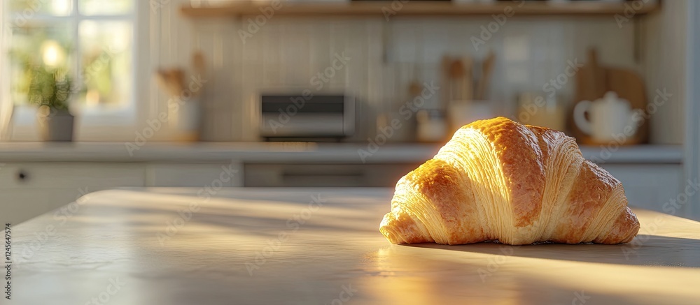 Poster golden croissant placed on a warm wooden kitchen counter with soft sunlight creating a cozy atmosphe