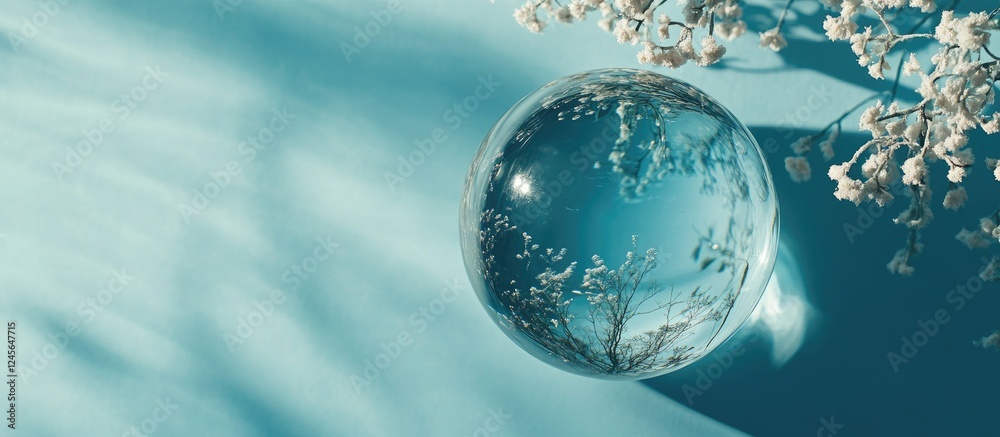 Poster clear glass orb on a soft turquoise background with delicate white flowers casting shadows, capturin