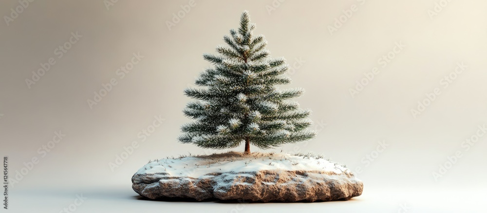 Poster snowy miniature christmas tree on a brown base with snow details against a soft beige background, cr