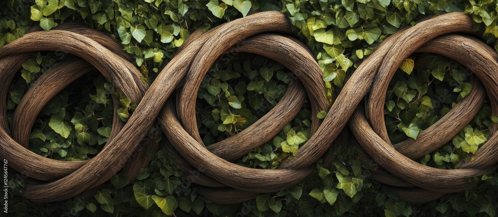 Poster intertwined wooden vines over lush green leaves creating an organic texture with circular patterns a