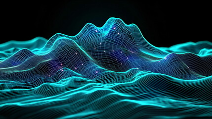 Naklejka premium Digital landscape forming wavy mountains with glowing blue lines and a dark background creating a futuristic and abstract appearance for visual media and art.