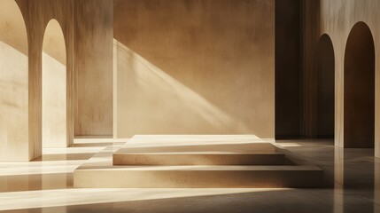 A geometric podium with a minimalist design, illuminated in a muted, elegant room