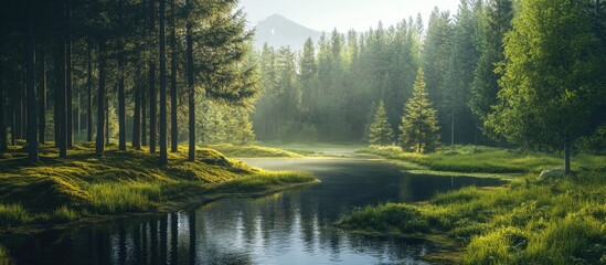 Fototapeta premium Serene Forest Landscape with Lush Green Trees and Calm Reflective Water Under Soft Morning Light in a Natural Environment