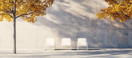 Four minimalist white chairs positioned symmetrically in an open space with soft autumn trees casting shadows on a concrete wall backdrop