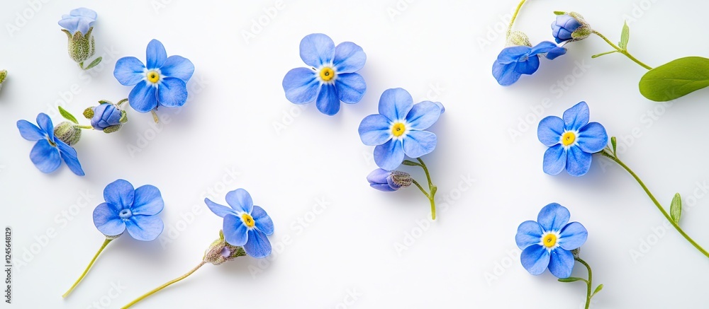 Poster blue forget-me-not flowers arranged organically on a clean white background with varying shades of b