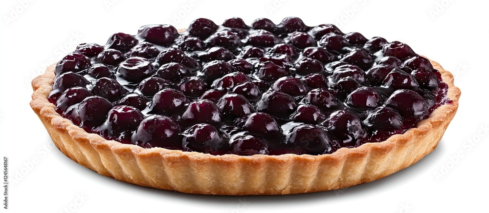 Poster blueberry tart with a golden brown crust topped with glossy dark blue blueberries arranged in a circ