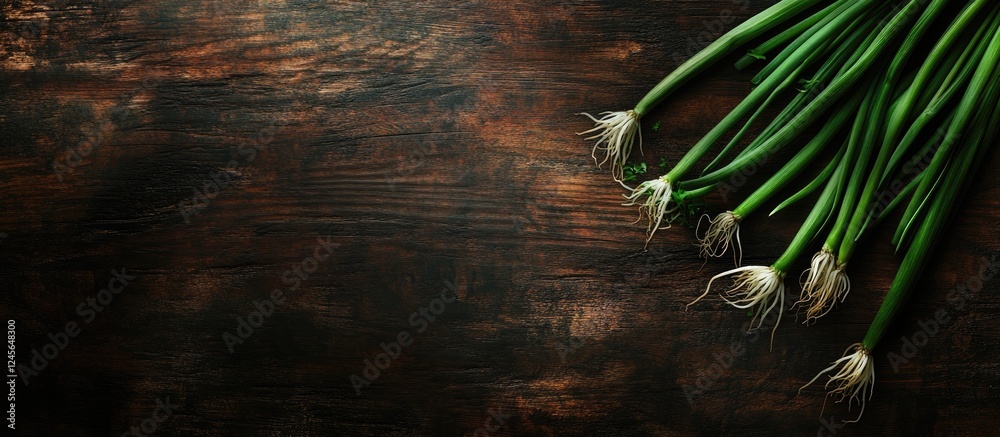 Poster Fresh green spring onions arranged in a diagonal line on a dark wooden background with ample empty space for versatility showcasing and text placement