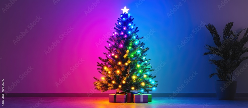 Poster vibrantly illuminated christmas tree adorned with multicolored lights and a star, surrounded by wrap