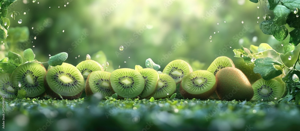 Poster vibrant arrangement of ripe kiwifruit in shades of green on a lush grass background with soft light 