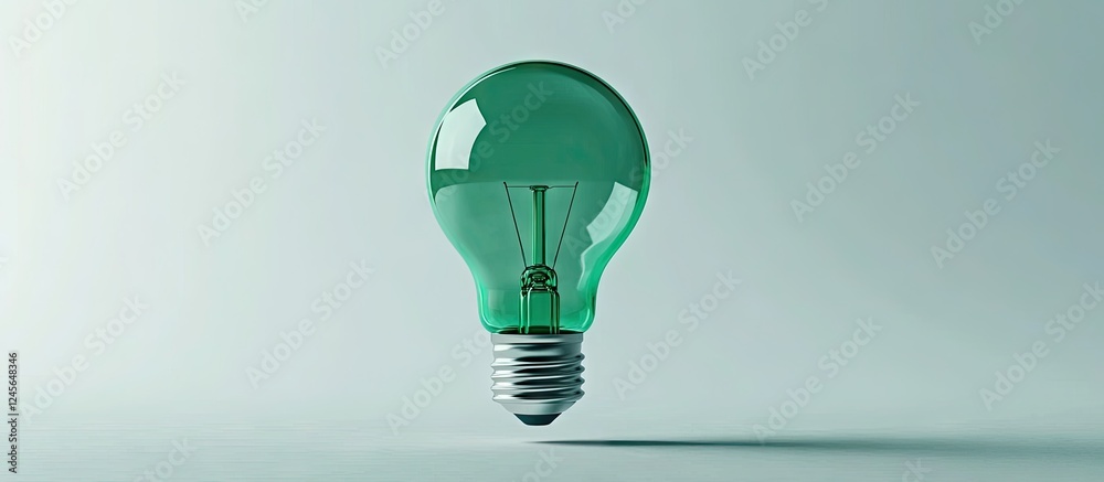 Poster Green light bulb centrally positioned on a soft gray background, showcasing its transparent design and glowing filament, creating a striking contrast.