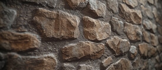 Fototapeta premium Rustic dry stone wall texture featuring a variety of brown and grey stones positioned irregularly, ideal for enhancing design projects and backgrounds.