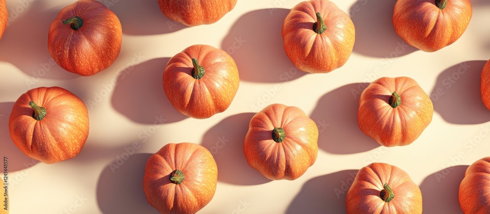 Poster Top view of varied orange pumpkins arranged in a grid pattern on a light background, creating soft shadows that enhance their texture and shape