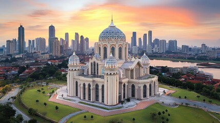 Obraz premium Majestic mosque at sunrise, cityscape view, Malaysia