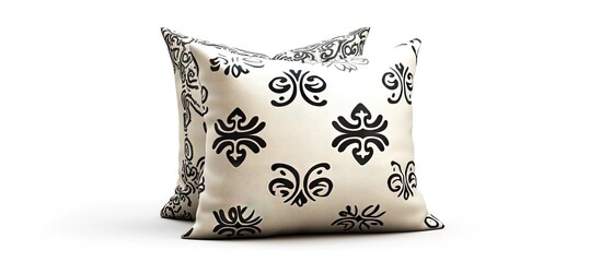 Elegant decorative pillows with black ornate patterns against a white background positioned diagonally, enhancing any stylish interior design.