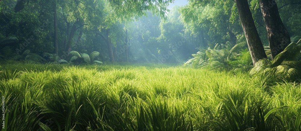 Poster lush green tall grass field in the foreground with vibrant forest backdrop bathed in soft sunlight c