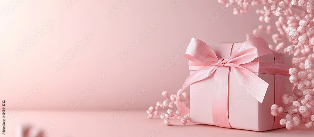 Poster elegant pink gift box adorned with a soft ribbon displayed against a muted pink background, highligh