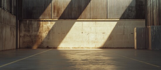 Minimalist warehouse interior with gray and beige walls, industrial road line on concrete floor, sunlight casting long shadows for a serene atmosphere