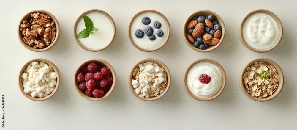 Poster bowls of yogurt, nuts, and berries arranged in two neat rows on a light background, showcasing vario