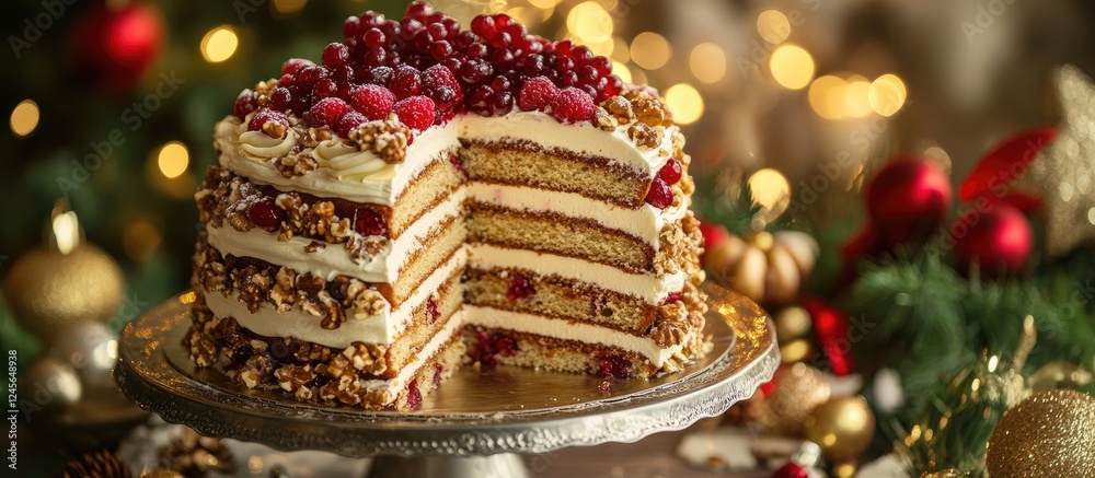 Poster decadent seven layer cake with creamy frosting topped with nuts and vibrant red holiday berries on a