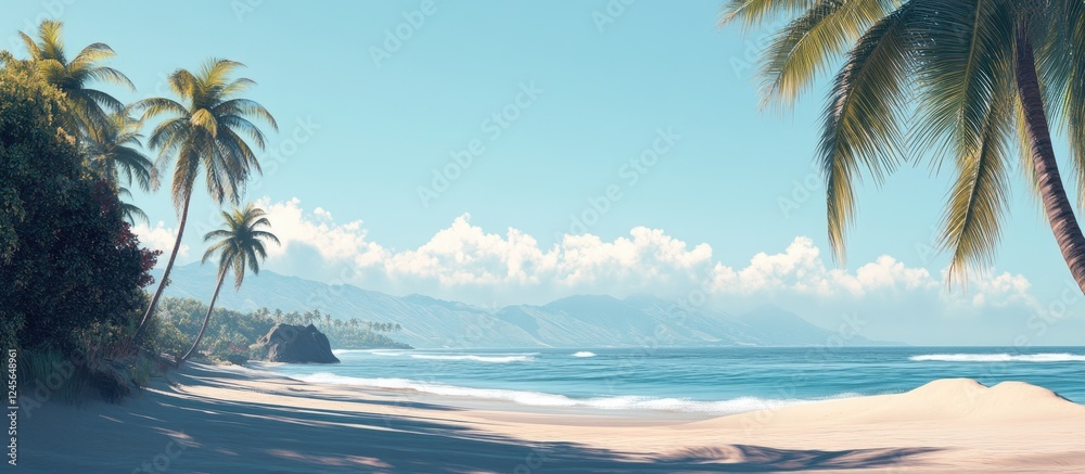 Aufkleber serene tropical beach illustration showcasing swaying palm trees positioned on the left with a vast 