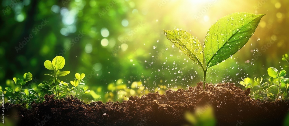 Aufkleber lush green leaves with sunlight filtering through, featuring vibrant sprouts to the left and a singl