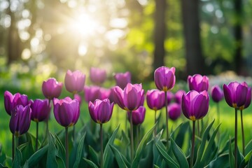 Obraz premium Purple tulips backlit by sunset in garden