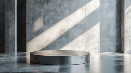 A high-end metallic podium with a brushed silver surface, standing in an open space with minimal distractions 
