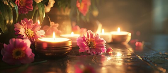 Serene scene of lit candles surrounded by vibrant pink flowers reflecting on a wet surface, creating a tranquil ambiance for spiritual reflection
