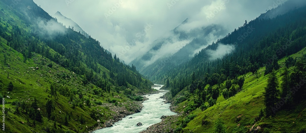 Poster lush green forest surrounds a serene mountain river flowing through vibrant valleys under a cloudy s