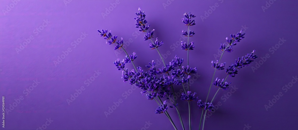 Poster lavender flowers in delicate clusters positioned on the left against a vibrant purple background cre