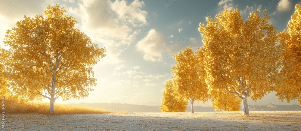 Poster golden autumn trees stand tall under a soft blue sky with fluffy white clouds creating a serene land
