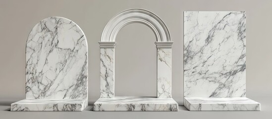 Elegant white marble podiums featuring three distinct designs, smooth textures, and sophisticated shapes on a neutral gray background.