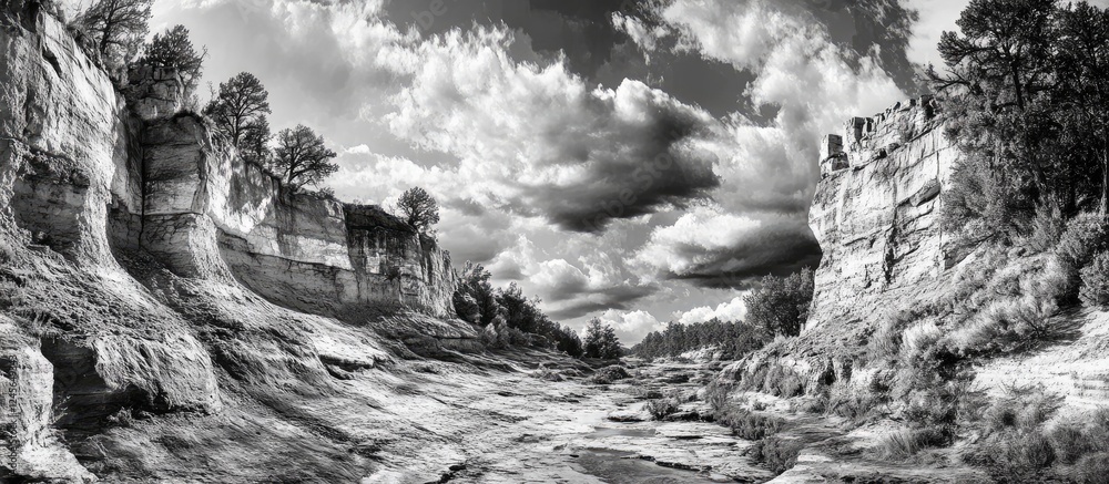 Poster scenic black and white panoramic view showcasing a dramatic landscape with rocky cliffs and dynamic 