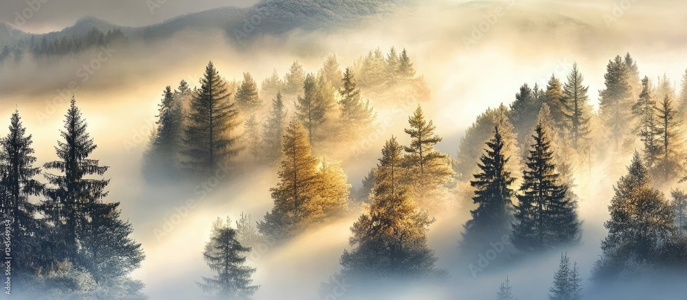 Aufkleber misty morning landscape with dense fog surrounding evergreen trees in soft golden and grey hues crea