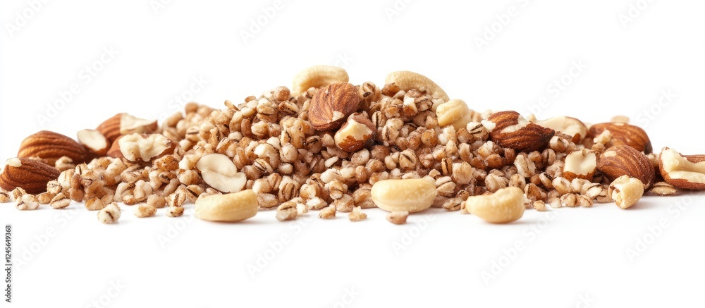 Poster nutty pastiglia with rolled barley on a white background showcasing a textured blend of almonds and 