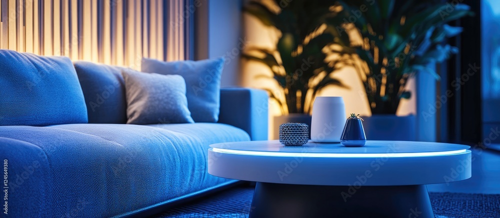 Aufkleber futuristic lounge with a modern side table near a cozy couch illuminated by soft blue and warm ambie