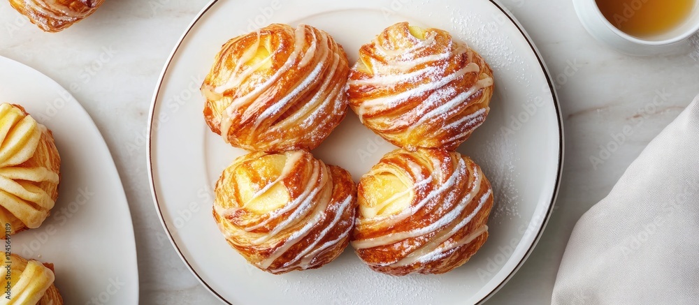 Poster Apple pancake puff pastries arranged in a circular pattern on a white plate with a drizzle of icing, set against a marble tabletop background.