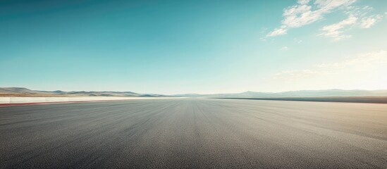 Vast deserted raceway under a clear blue sky with an expansive horizon featuring empty asphalt track stretching into the distance against distant mountains