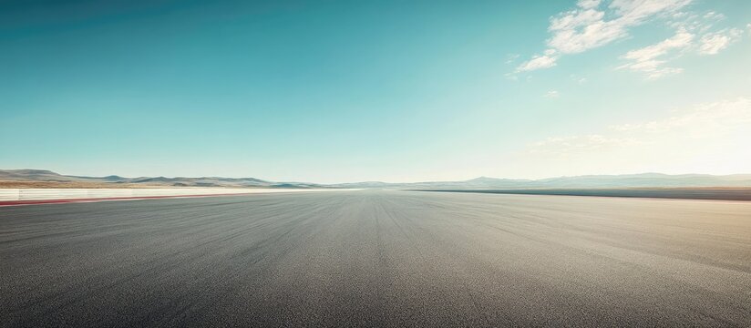 Vast deserted raceway under a clear blue sky with an expansive horizon featuring empty asphalt track stretching into the distance against distant mountains