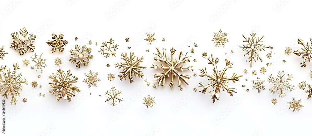 Poster golden snowflakes elegantly arranged in a horizontal line on a crisp white background with scattered