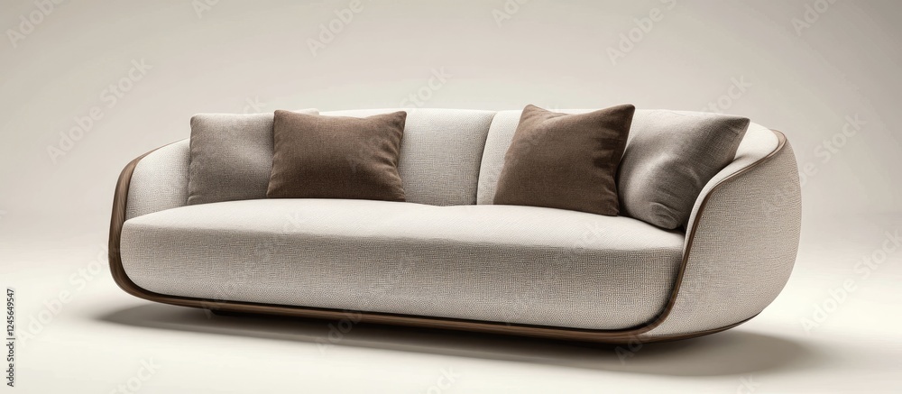 Aufkleber contemporary beige sofa with rounded edges and brown accent pillows centered against a soft gray bac