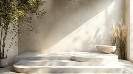 A light grey podium with a subtle texture and minimal design, placed in a quiet setting 