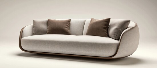 Contemporary beige sofa with rounded edges and brown accent pillows centered against a soft gray background showcasing modern design aesthetics.