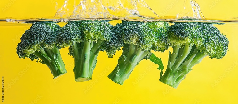 Poster fresh broccoli submerged in clear water against a bright yellow background highlighting its vibrant 
