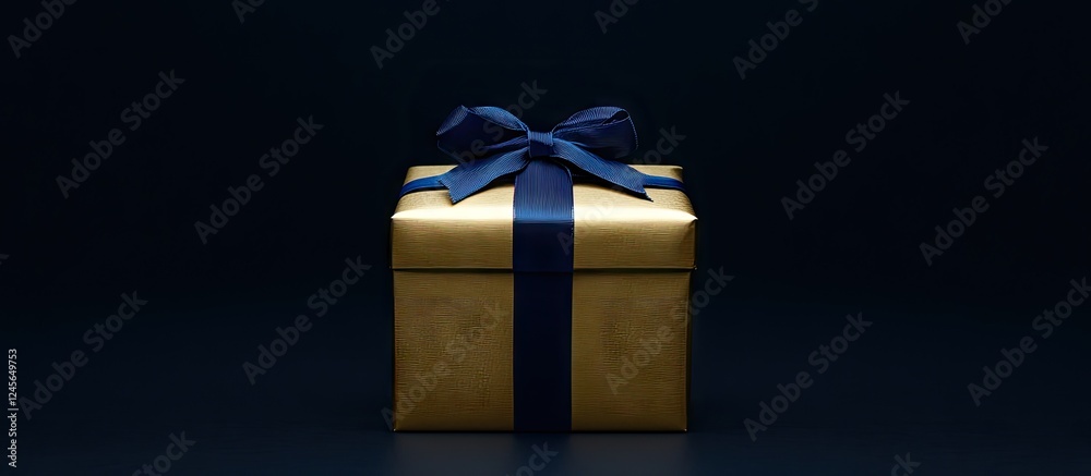 Poster elegant gold gift box with blue ribbon centered in dark background highlighting its luxurious textur