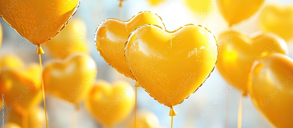 Leinwandbilder yellow heart-shaped balloons gently floating in a bright blue background with soft bokeh lights crea