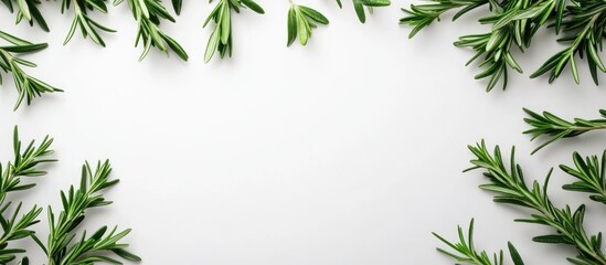 Obraz premium Vibrant green fresh rosemary twigs arranged along the edges of a clean white background highlighting their lush texture and visual appeal
