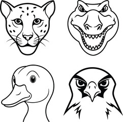 Animal Head Illustrations: Cheetah, Dinosaur, Duck, Falcon - Line Art Collection